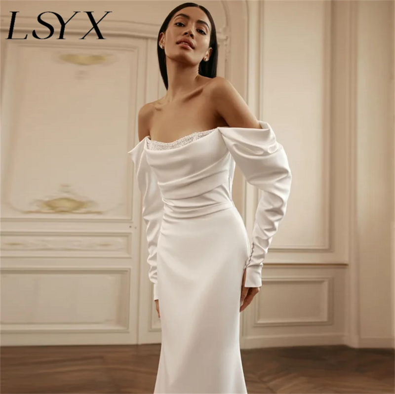Lsyx-スパンコールのついた花嫁のドレス,裸の肩,長袖,人魚のカット,結婚式の服,背中の開いたアップリケ,カスタムメイド