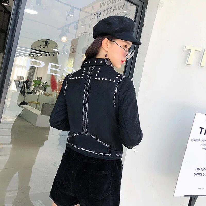 Fashion musim gugur wanita Korea edisi bordir Rivet Deerskin beludru pendek lengan panjang mantel kulit Punk Rock jaket kulit