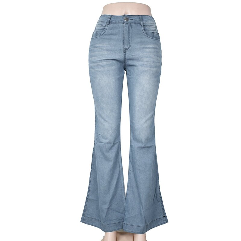 Niebieskie jeansy damskie spodnie Flare wysoki stan w stylu Vintage Y2k dżinsowe dzwonki damskie Harajuku modne spodnie z lat 2000
