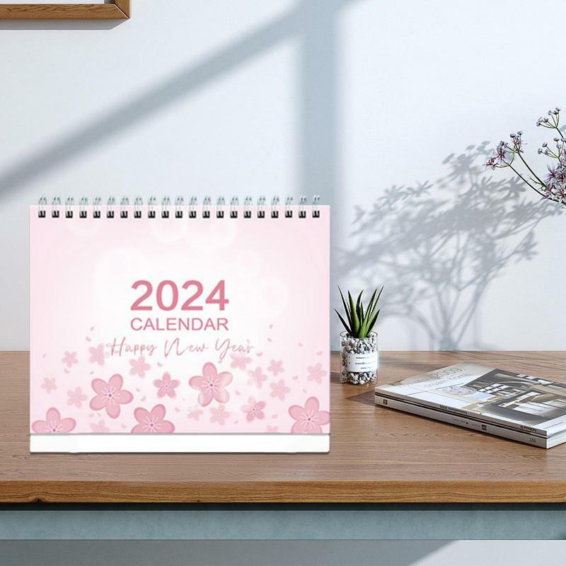 Espiral Stand Up calendário decorativo com 12 meses de mesa portátil, calendário floral mensal e mensal bonito, 2024