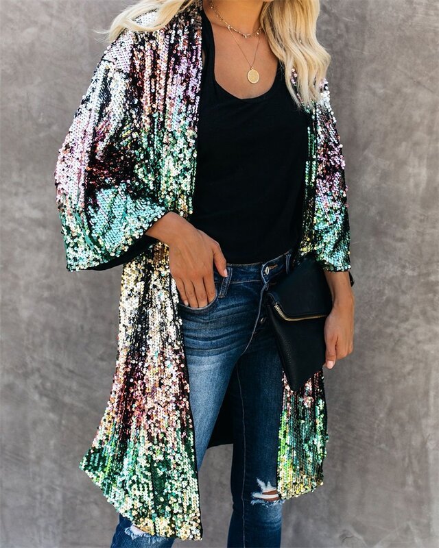 Shiny paillettes donna Cardigan giacca a vento giacca lunga Outfit Casual cappotto colorato Street Wear