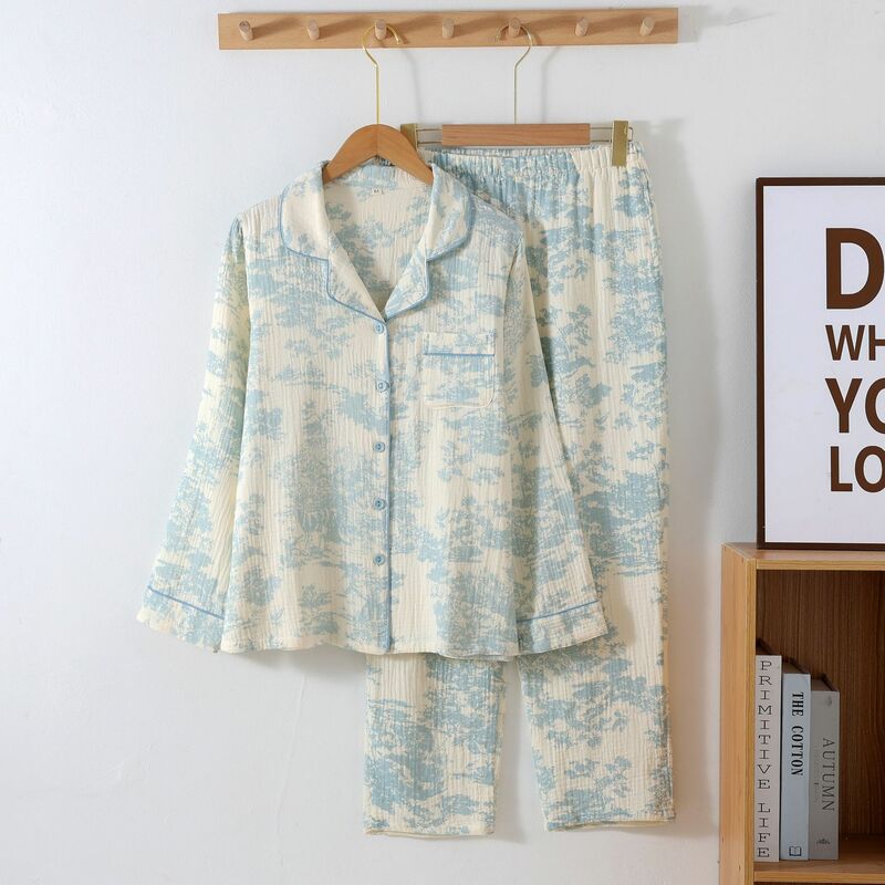 Pijamas de algodón de hilo de doble capa para mujer, conjunto de dos piezas, pantalones de manga larga, solapas sueltas de estilo chino, ropa de dormir, primavera y otoño