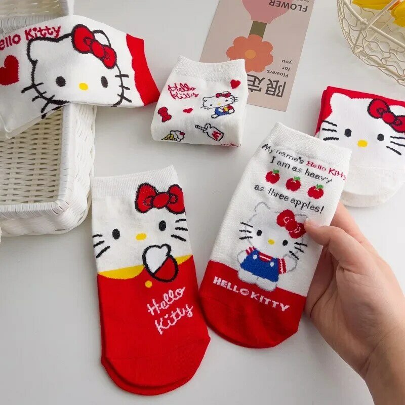 1Pair New Cartoon Socks Cat Female Adult Short Sock Cute Short Socks Girl Boat Socks Cotton Sock Red White HelloKitty Print