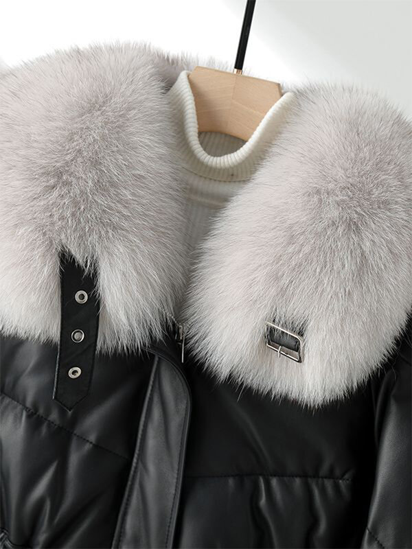 Genuine Leather Down Coat Natural Big Fox Fur Sheepskin Drawstring Warm Jacket Winter Ladies Puffer Parkas