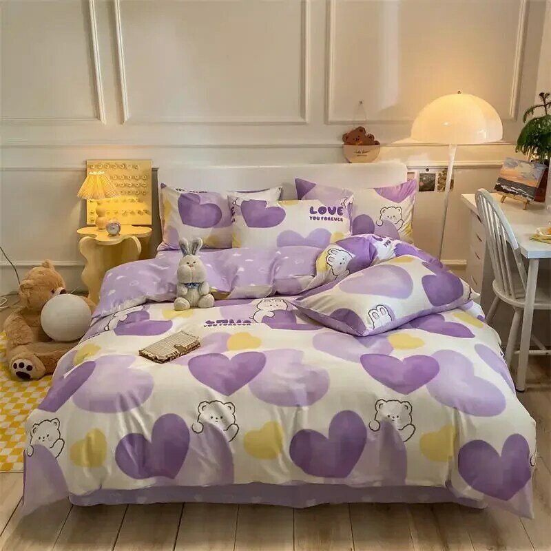 Modern Cartoon Cotton Bedding Set Duvet Cover Bed Sheet Pillow Case King Queen Single Size Bear Bed Linen Set