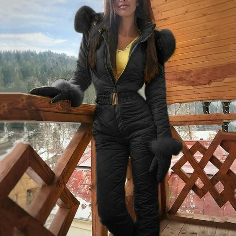 Faux Fur Collar Hooded Women Jumpsuits Winter Skiing Jumpsuit Outdoor Warm Fleece Ski Jumpsuit Women Skiing Suite Winter Coat