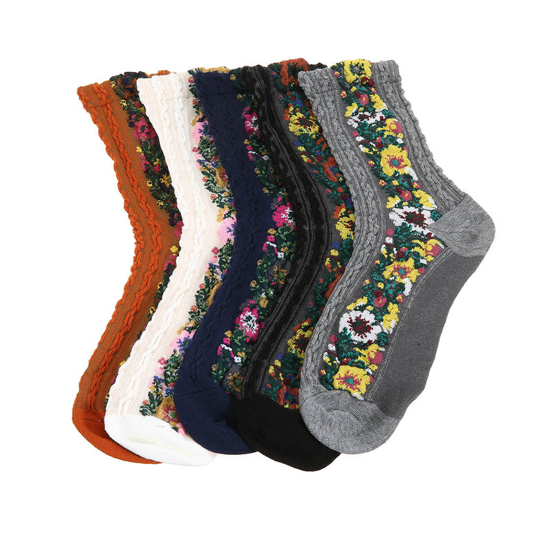 5 paires de chaussettes rétro en coton pour femme, sous-vêtements en dentelle brodée, Vintage, Floral, mignon, en coton, bas thermiques