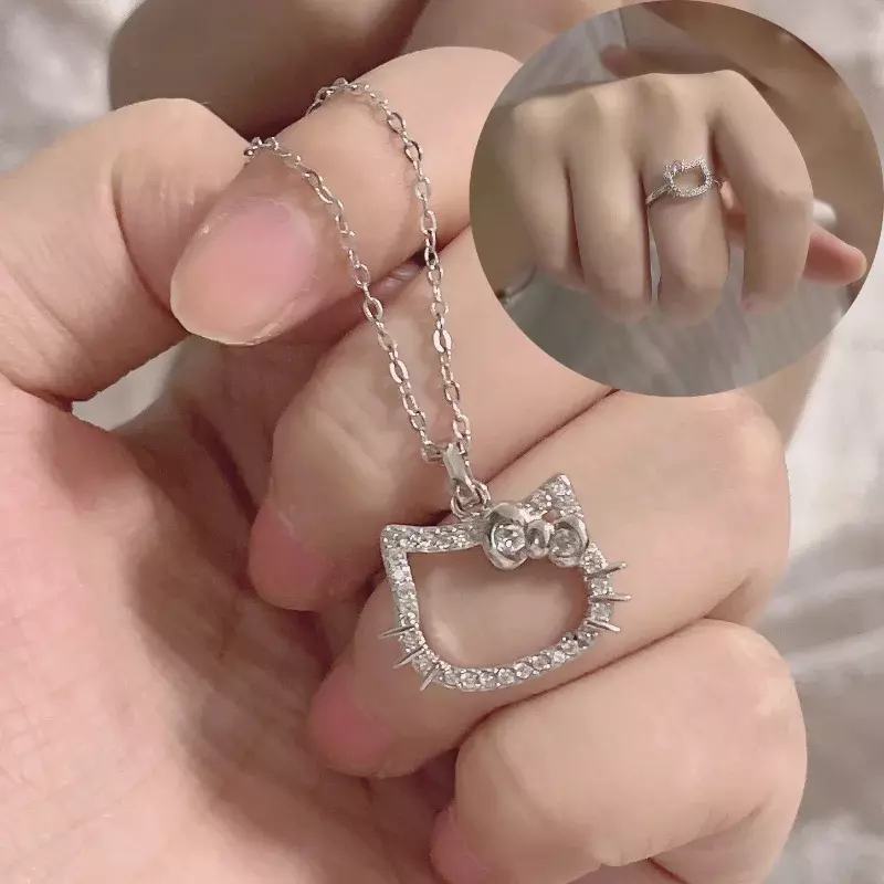 Kawaii Hello Kitty Ketting Anime Karakter Sanrio Ring Paar Zilveren Sleutelbeen Keten Verstelbare Accessoires Dames Verjaardagscadeau