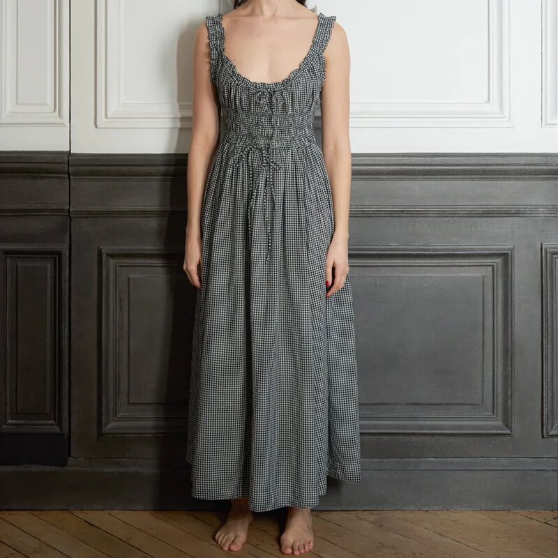 Frauen klassische karierte bedruckte Kordel zug Taille ärmellose Riemen Baumwolle langes Kleid