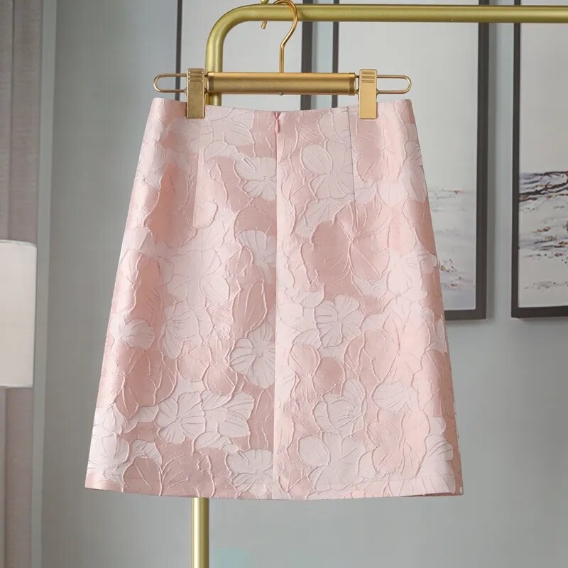 Jupe Jacquard rose pour femmes, nouvelle collection été 2022, Jupe trapèze taille haute, montrant des Mini jupes fines