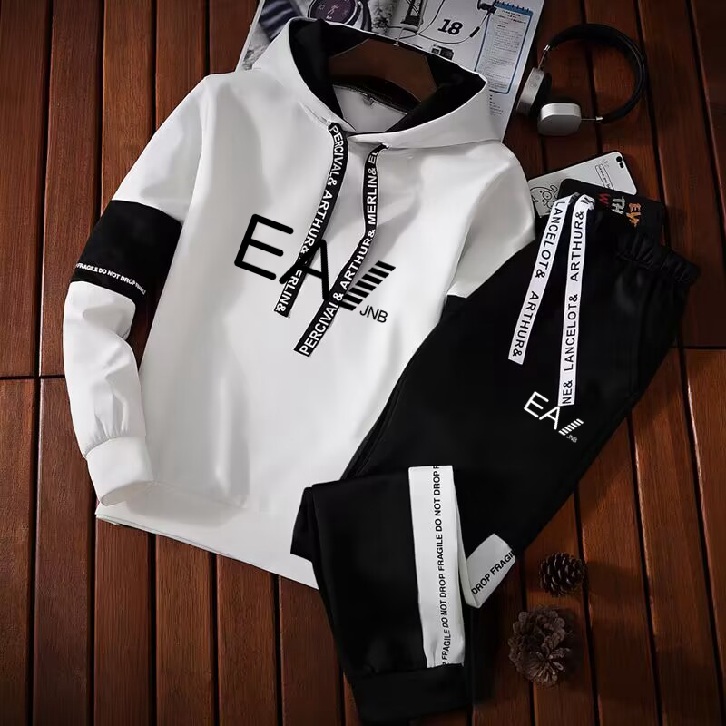 Setelan baju olahraga pria, baju berolahraga kasual hoodie + celana olahraga Jogger merek Pullover pakaian jalanan