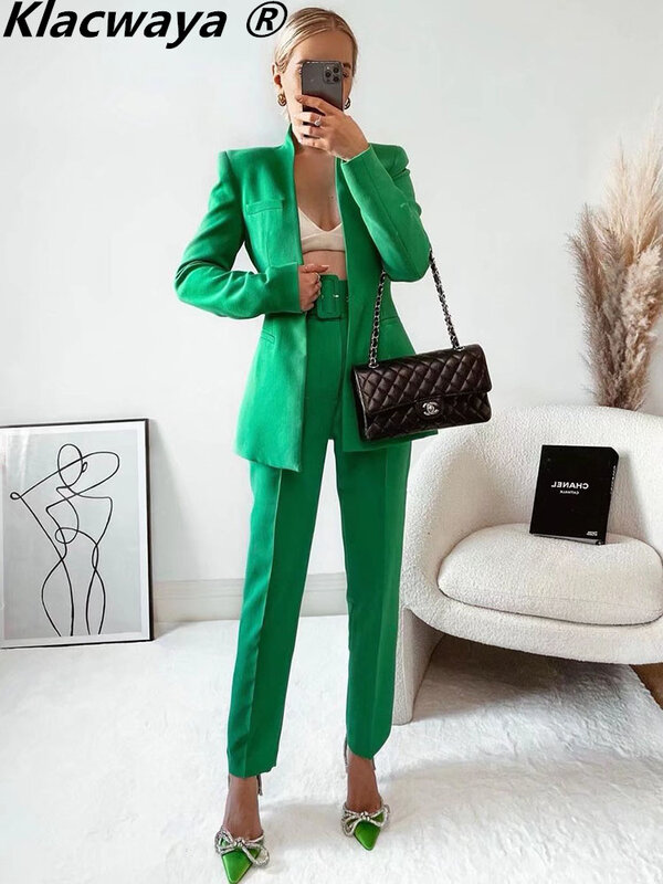 Klacwaya Women Suit Blazer And Pants Blazer Women 2022 High Waisted Trousers Women Office Green Pants Female Suits Set Formal