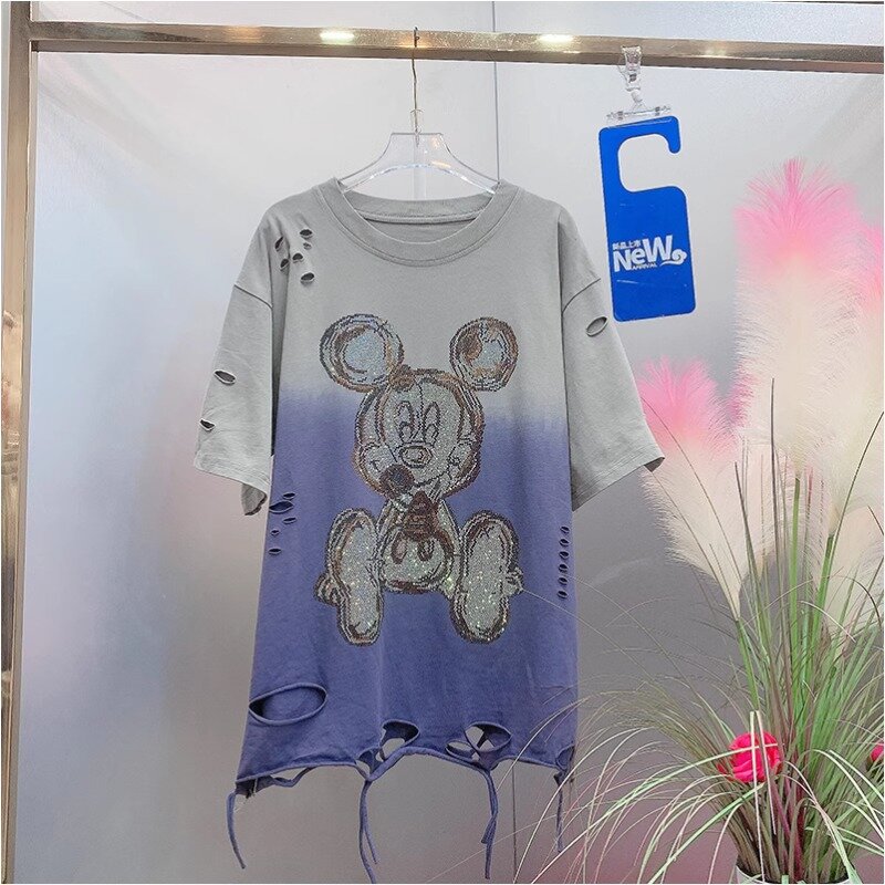 Potdemiel American Style Fashion Design 2024 Summer Hot Rhinestone Cartoon Hole Gradient Color Casual Top Tshirt And Shorts Suit