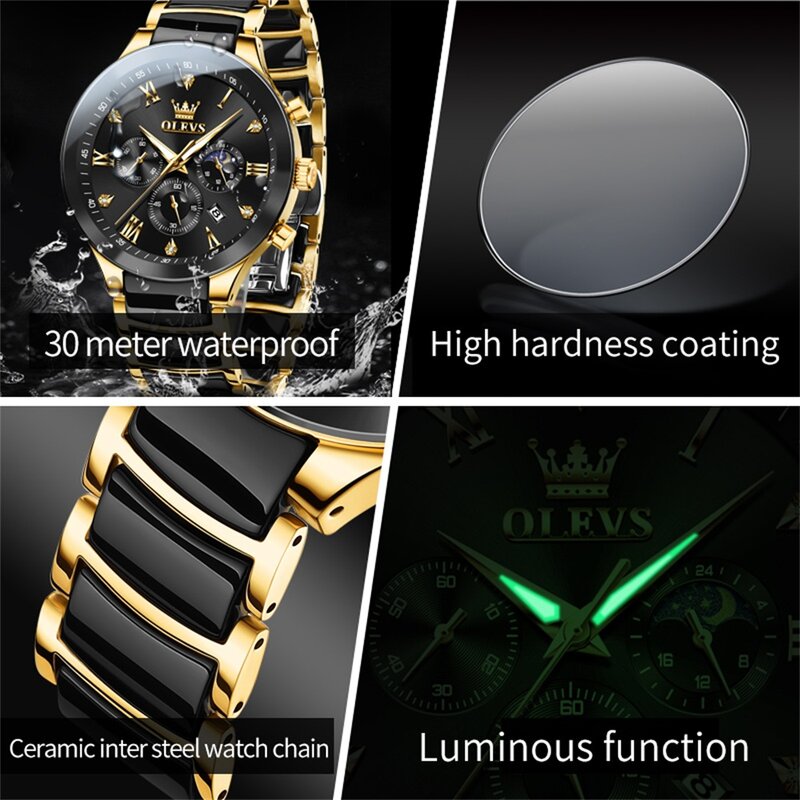 OLEVS nowy zegarek kwarcowy dla mężczyzn chronograf z fazą księżyca męski zegarek moda luksusowy pasek ceramiczny wodoodporny Luminous Reloj Hombre