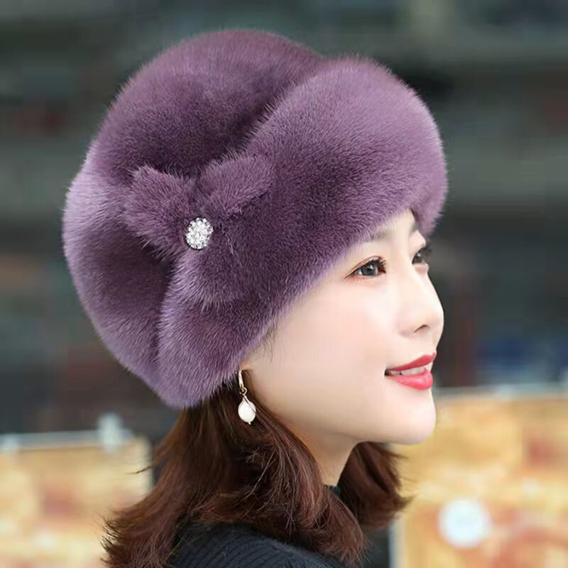 Topi musim dingin wanita paruh baya, topi bulu halus Rusia, dekorasi tetap hangat mewah padat musim gugur musim dingin luar ruangan