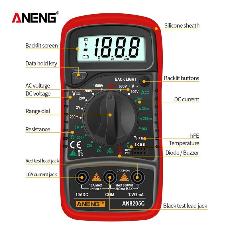 ANENG-Multimètre numérique AN8205C, ampèremètre AC/DC, Volt Ohm, testeur avec thermocouple, rétroéclairage LCD, portable