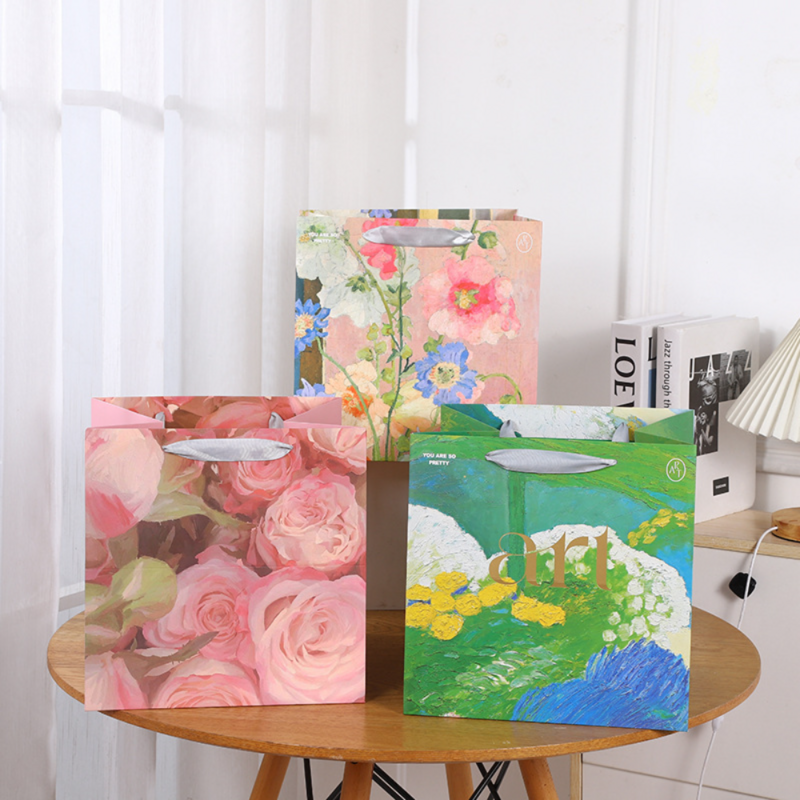 Sacs d'Emballage Cadeau de Saint-Valentin en Papier Kraft, Peinture à l'Huile, Fleur, Mariage, Anniversaire, avec Poignée, Fournitures de ix