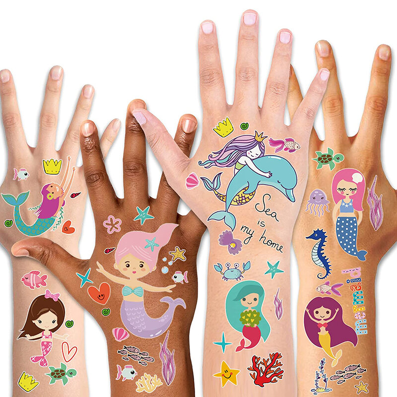 Stiker tato putri duyung kecil, stiker tato anak kartun lucu, dekorasi pesta ulang tahun putri putri duyung untuk anak-anak, bantuan riasan wajah lengan tubuh