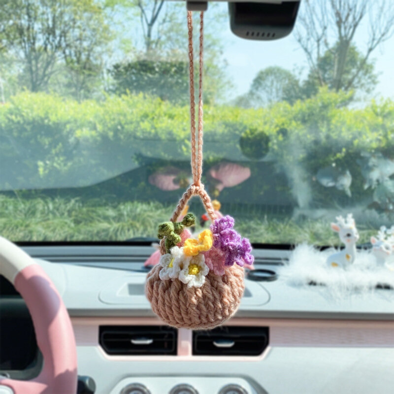 2023 New Car Hanging Hand-crocheted Hanging Orchid Potted Wool Pendant Car Rearview Mirror Creative Pendant