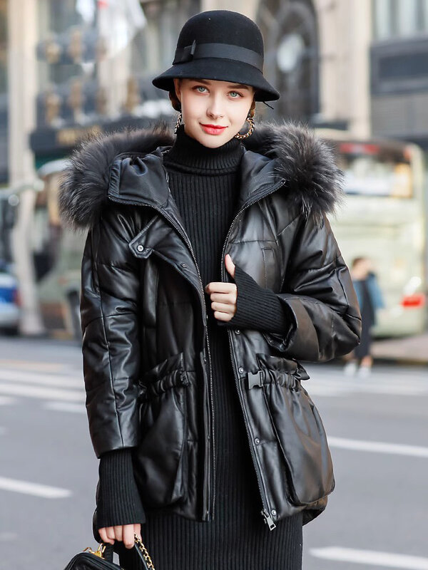 Short Genuine Leather Down Jacket Women's Winter Sheepskin Coat 2023 New Loose Raccoon Fur Collar Warm Leather Jackets Sobretudo
