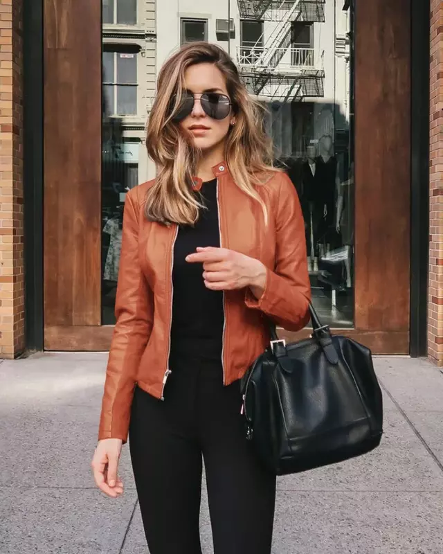 Women Faux Leather PU Small Suits New Zipper Moto Solid Fashion Jacket Female New Casual Street Slim Elegant Cloth Lugentolo