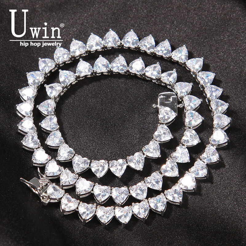 Uwin 6mm Heart Tennis Chain Choker Micro Paved Iced Out Cubic Zirconia Luxury Three Prong Setting Vintage Short Necklace