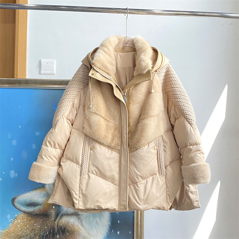 2022 New Style Women Fashion  Real Mink Fur Splicing  White Goose  Down Fur Coat Hooded Lightweight Warmth
