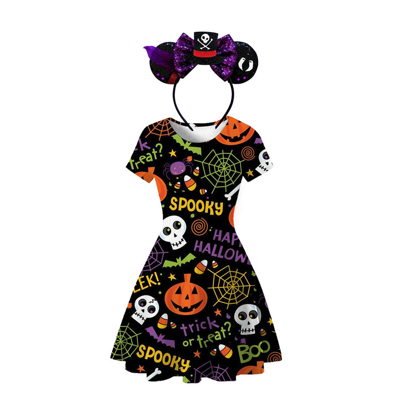 Детский костюм для косплея на Хэллоуин, черное платье с принтом призрака, тыквы, летучей мыши, ведьмы, вампира, летучая мышь, карнавальный костюм