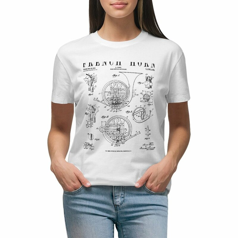Französisch Horn alte Vintage antike Patent Zeichnung drucken T-Shirt niedliche Kleidung T-Shirts T-Shirts für Frauen Grafik T-Shirts