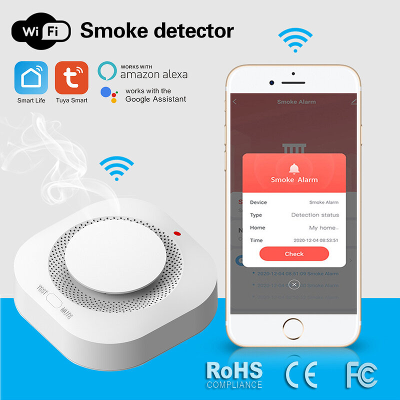 Tuya Smart Life WiFi Fungsi Ruang Keluarga Anak Rumah Dapur Detektor Asap PIR Alarm Suara Sensor Inspeksi Kebakaran Toko