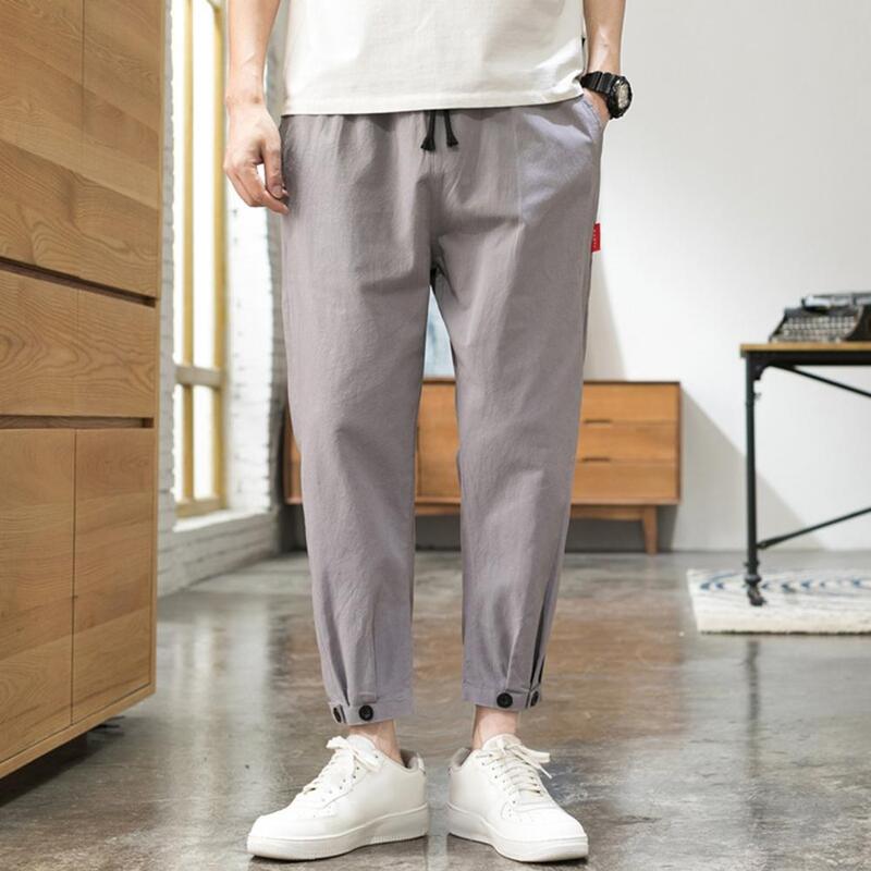 Men Casual Bottoms Men's Straight Ankle-banded Sweatpants with Side Pockets for Gym Training Jogging Elastic Waist Solid Color