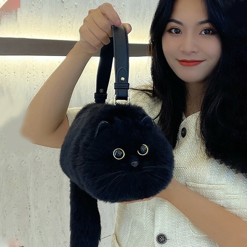 One Shoulder Bag Female Design Small Man Messenger Bag Versatile Hand Made Autumn and Winter Plush Cute Cat Bag