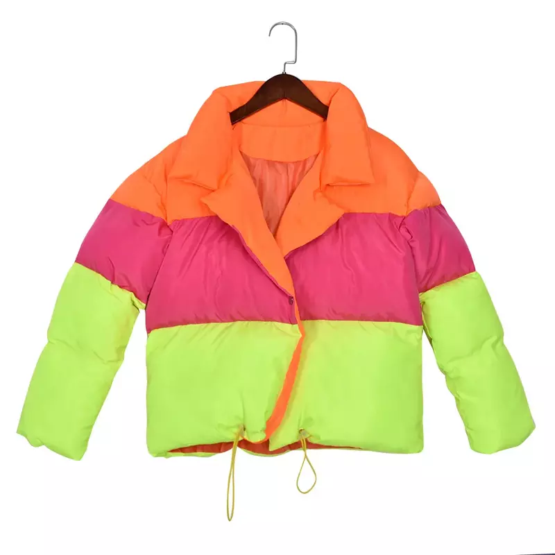 Contraste fresco arco-íris feminino parkas de pão curto, jaqueta bolsos com zíper, parka feminina, casual, patchwork, jaquetas femininas felpudas, inverno