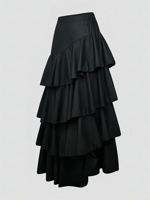Женская многослойная юбка макси с высокой талией и оборками, элегантная женская юбка для гостей свадьбы, однотонная винтажная черная однотонная трапециевидная юбка Y2K