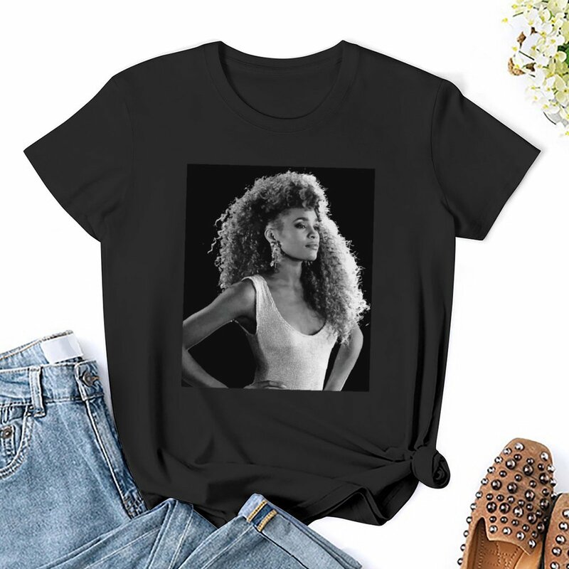 Whitney Houston kaus motif Mode Korea, atasan kaus grafis wanita