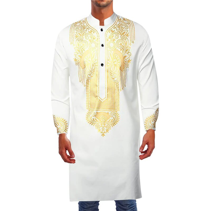 Lente En Zomer Heren Moslim Gewaden Etnische Kleding Casual Mode Stempelen Pullover Shirt Totem Lang Shirt Moslim Straight Shi