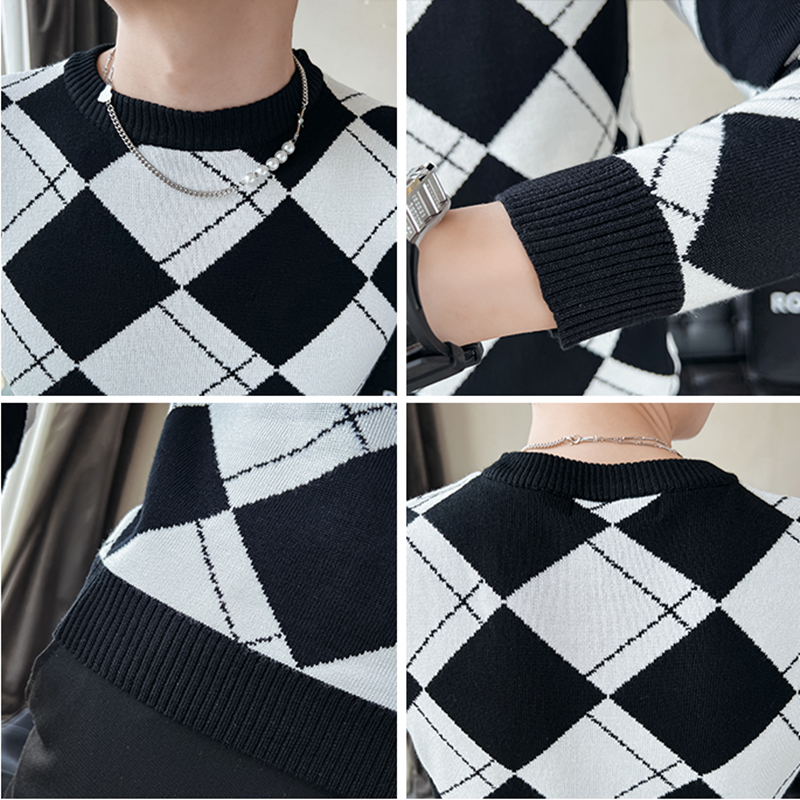 남성용 스트레치 자카드 우븐 O넥 스웨터, 와플 슬림핏 격자 무늬 니트 풀오버, 캐주얼 스트리트웨어, 2023 가을 겨울