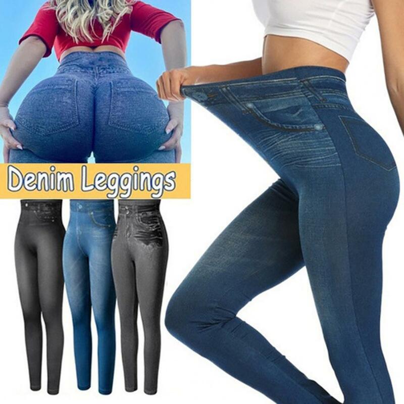 Pantalones largos de cintura alta sin costuras para mujer, pantalones ajustados elásticos de Color sólido, hasta el tobillo, Jeans de imitación