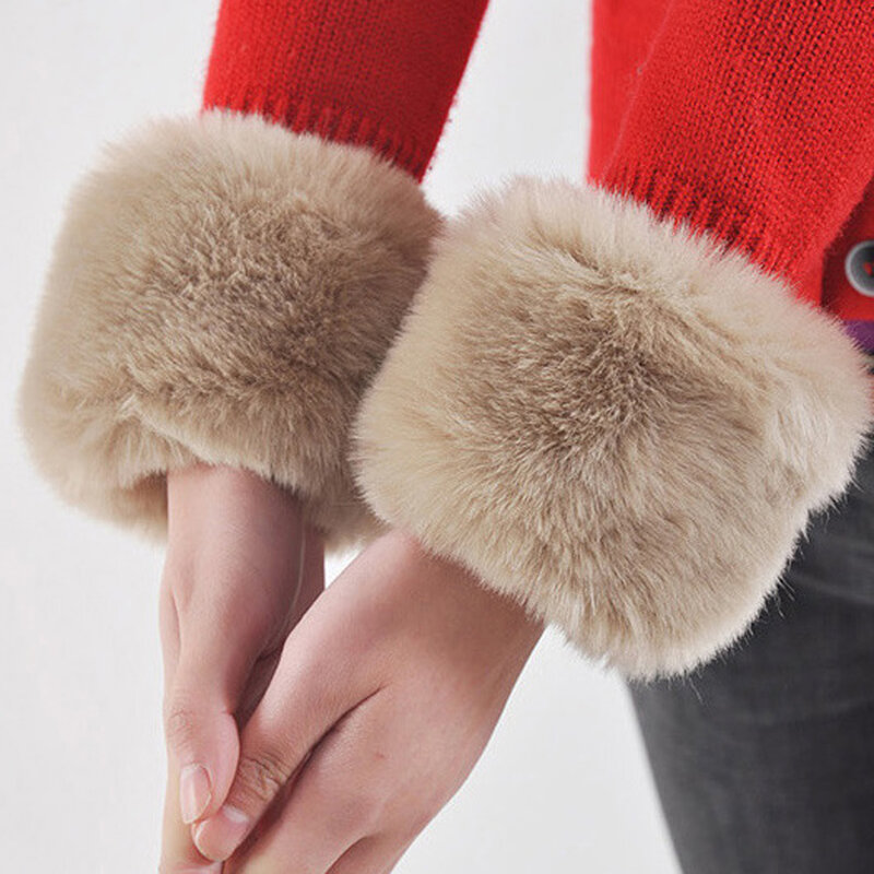 1 pasang gelang lengan manset tahan angin mewah bulu imitasi gelang tangan wanita musim dingin lembut elastis Slap pergelangan tangan pada manset penghangat lengan