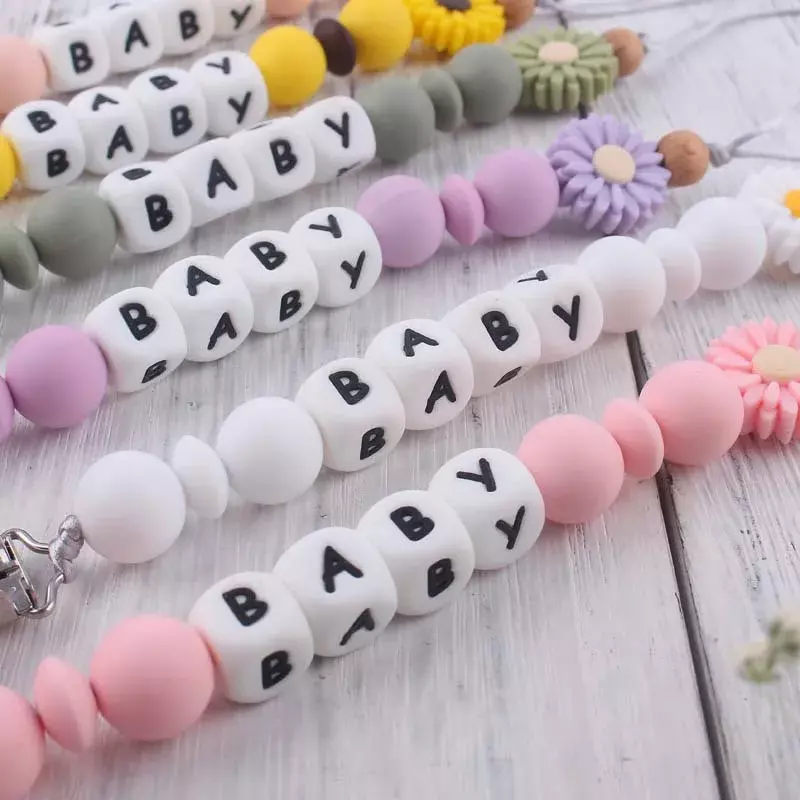 Baby Pacifier Clip Chain Personalized with Name Wooden Silicone Flower Teethers Dummy Nipple Holder Clips Teething Toys BPA Free