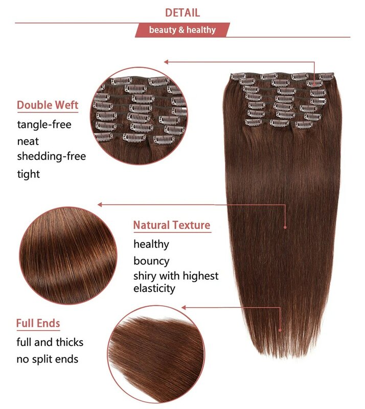 Clipe em extensões de cabelo para mulheres, trama dupla, clip-on hairpiece, extensões de cabelo humano, 100% cabelo remy, cabelo castanho, 16 a 24 pol