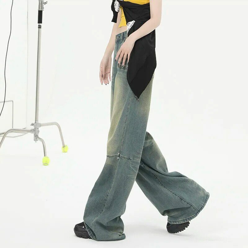 Pantalones vaqueros holgados de pierna ancha para mujer, ropa de calle estética de alta calidad, estilo y2k, azul, otoño