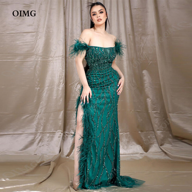 OIMG Luxury Green Shiny Beading Sequined Prom Dresses Off the Shoulder Feather Saudi Arabic A-Line Evening Gowns Formal Dress