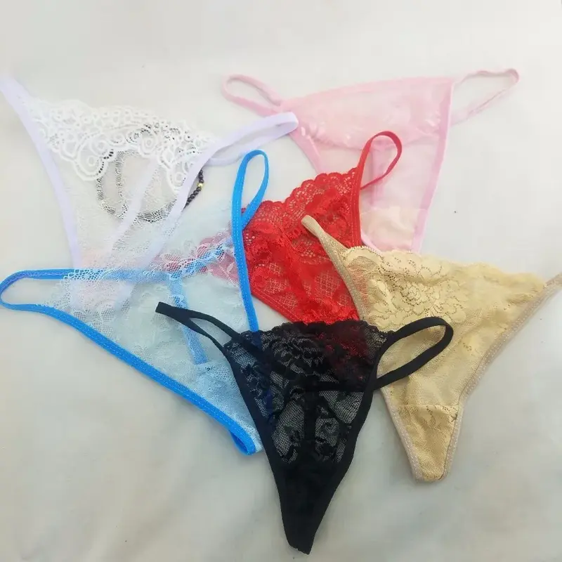 Calcinha Microtank recorte transparente para as Mulheres, Sexy Lace Thong, 3 Pack
