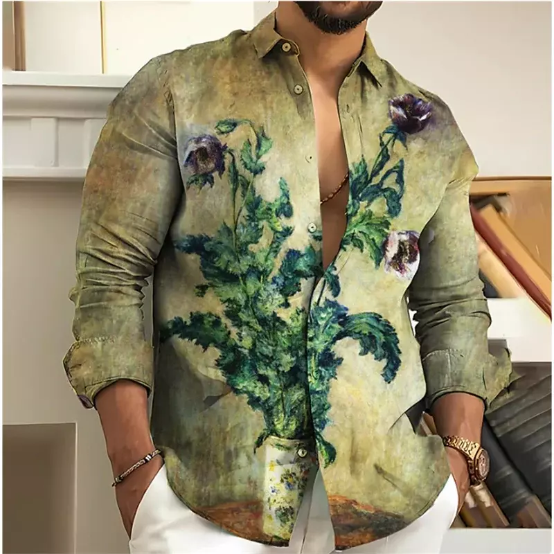 Camisa de botão manga comprida masculina, flor retrô, cor gradiente floral, material macio e confortável, plus size, moda, 2023
