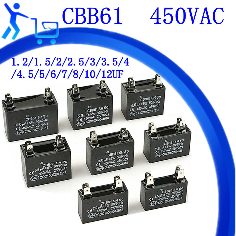 CBB61 AC Eksternal Kipas Mulai Kapasitor 1.2/1.5/2/2, 5/3/3, 5/4/ 4.5 / 5/6/7/8 / 10/12UF 450V AC Memasukkan Ca