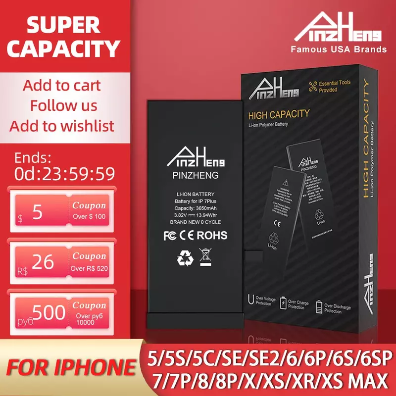 PINZHENG batteria reale ad alta capacità per iPhone 5S SE 6 6S 7 8 Plus X Xr Xs Max sostituzione del telefono Bateria garanzia un anno