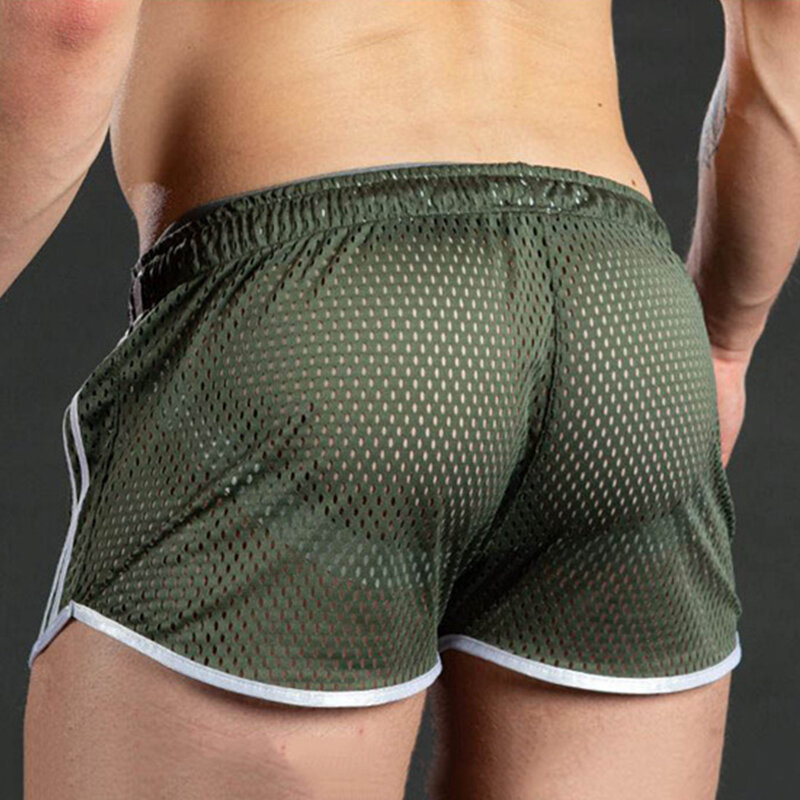 Mens Casual Gym Fitness Training Shorts Sexy Mesh Breathable Quick-Dry Fashion Sport Beach Trunks Clothing Summer Pants