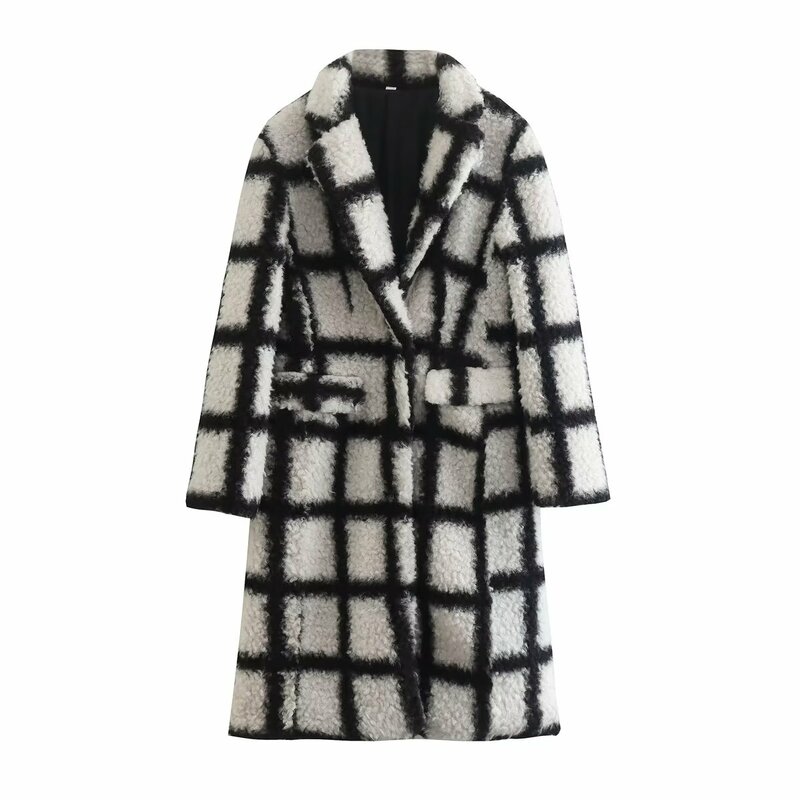 Women New Fashion Loose Long style Black white checkered plush Coat Vintage Long Sleeve Button-up Female Outerwear Chic Tops