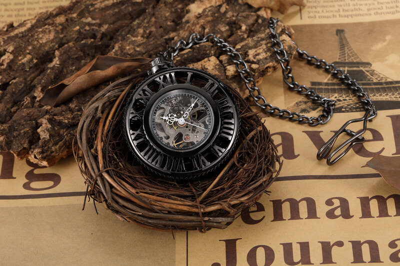 투명 유리 로마 숫자 해골 기계식 포켓 시계, 레트로 블랙 수동 메커니즘 펜던트 포켓 시계